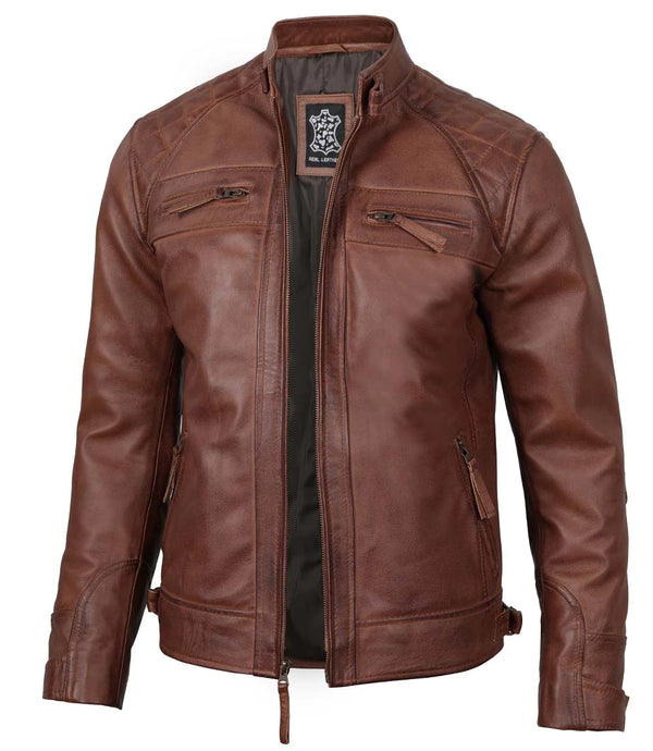 Men's Brown Quilted Cafe Racer Leather Jacket