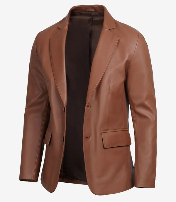 Men's Two Button Cognac Brown Leather Blazer