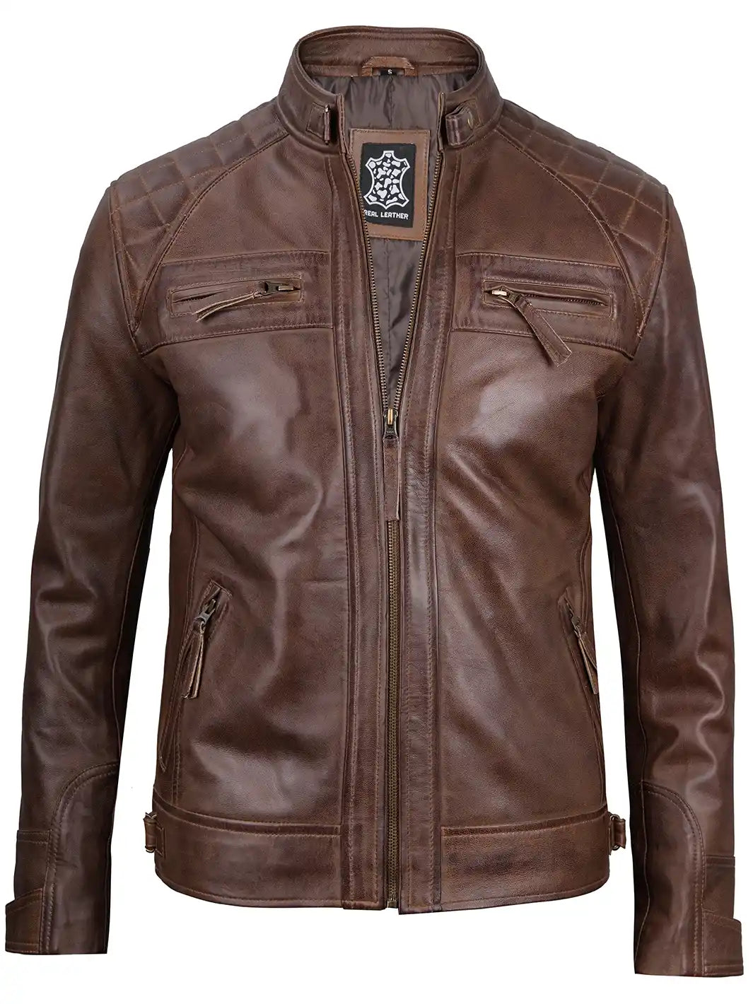 Men Chocolate Brown Cafe Racer Real Leather Jacket Decrum