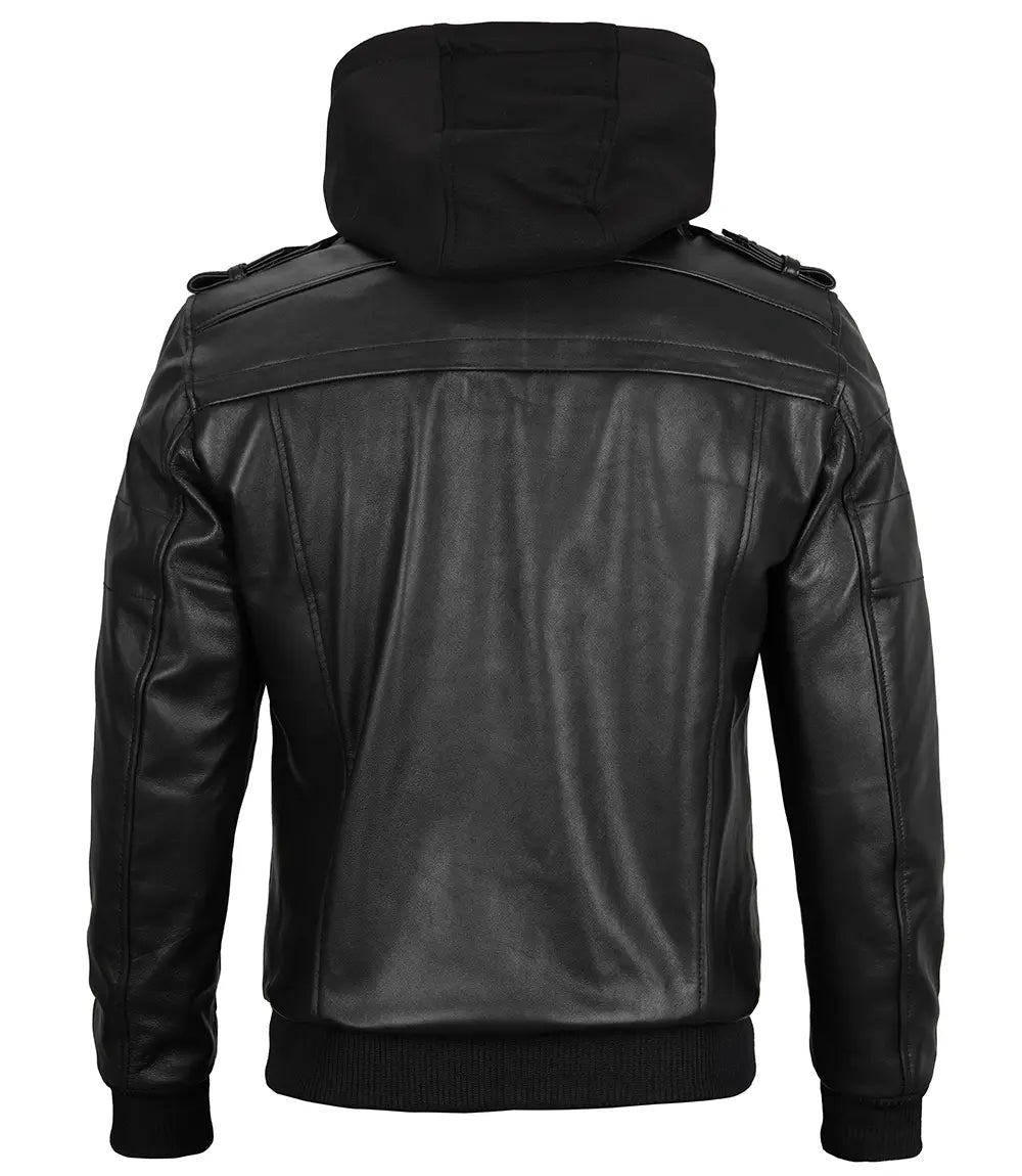 Mens Black Bomber Jacket with Removable Hood