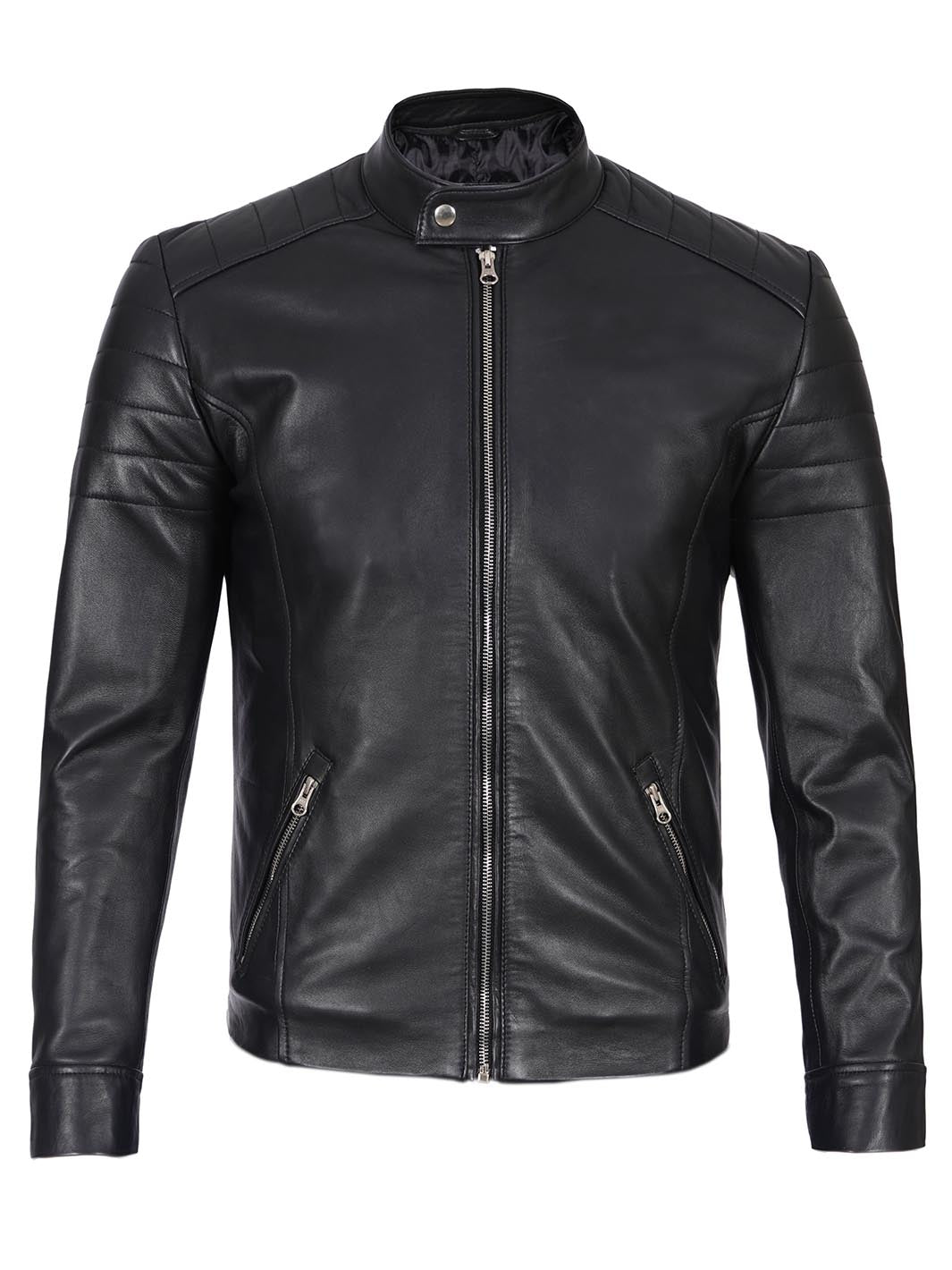 Mens Black Cafe Racer Real Leather Jacket