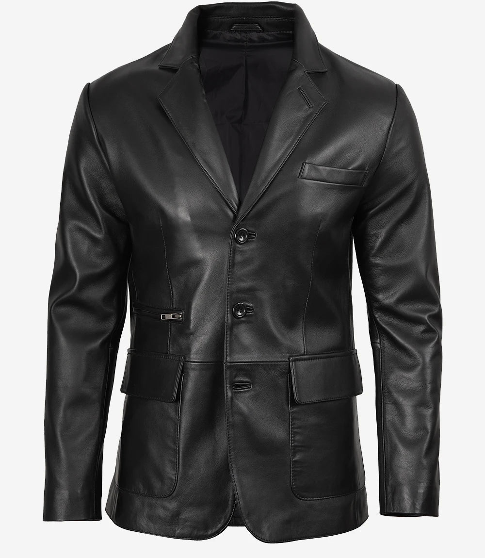 Mens Black Real Leather Blazer Three Button Closure