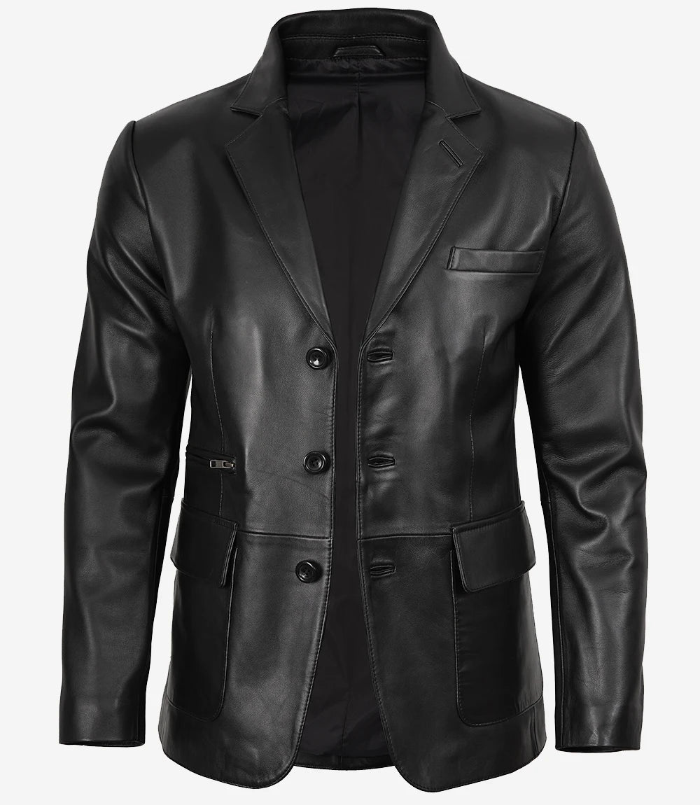 Mens Black Three Button Real Leather Blazer