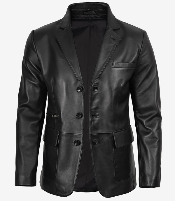Mens Black Three Button Real Leather Blazer