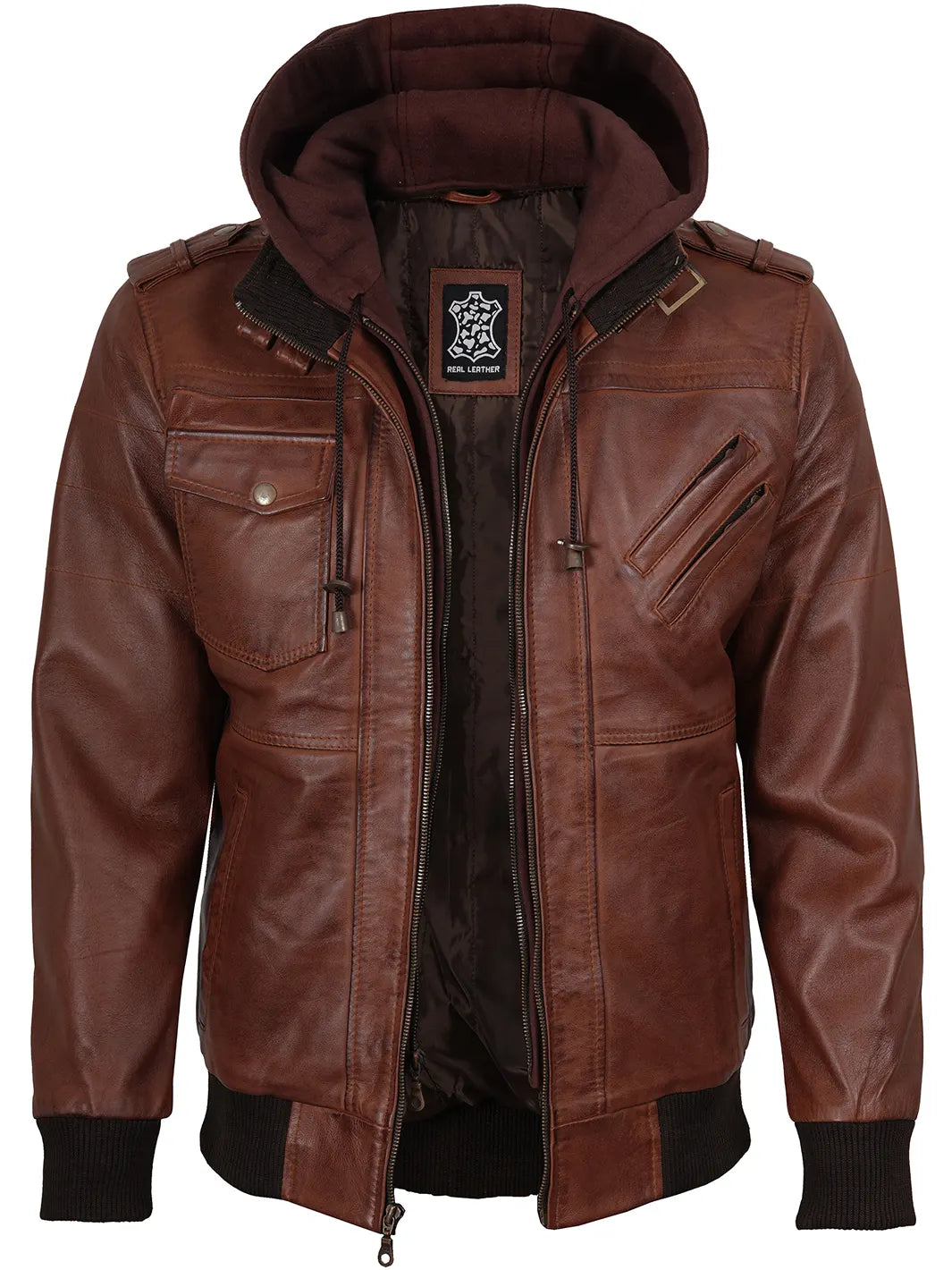 Mens Brown Bomber Leather Jacket With Removable Hood