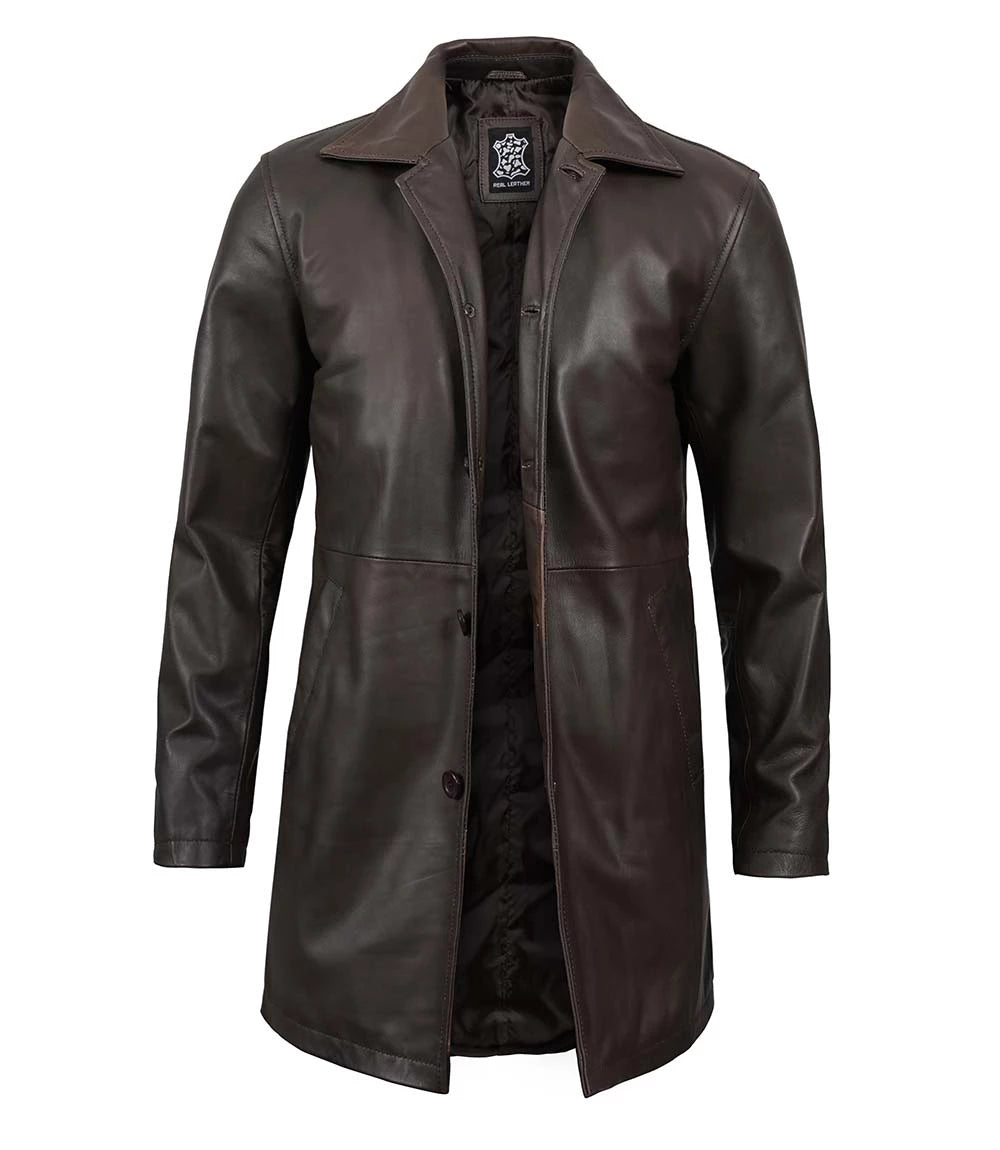 Mens Brown Button Closure Leather Jacket