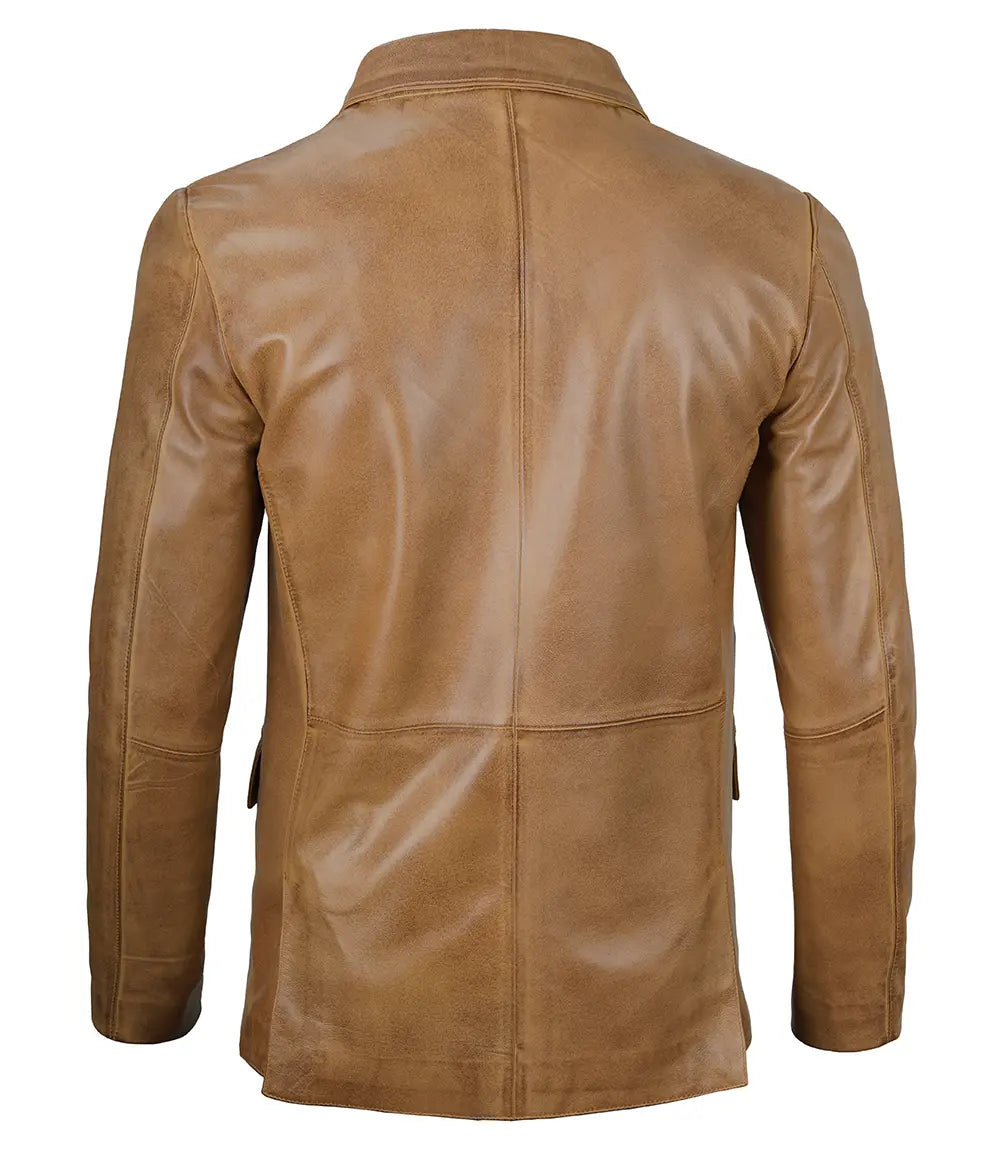 Mens Camel Brown Real Leather Two Button Blazer