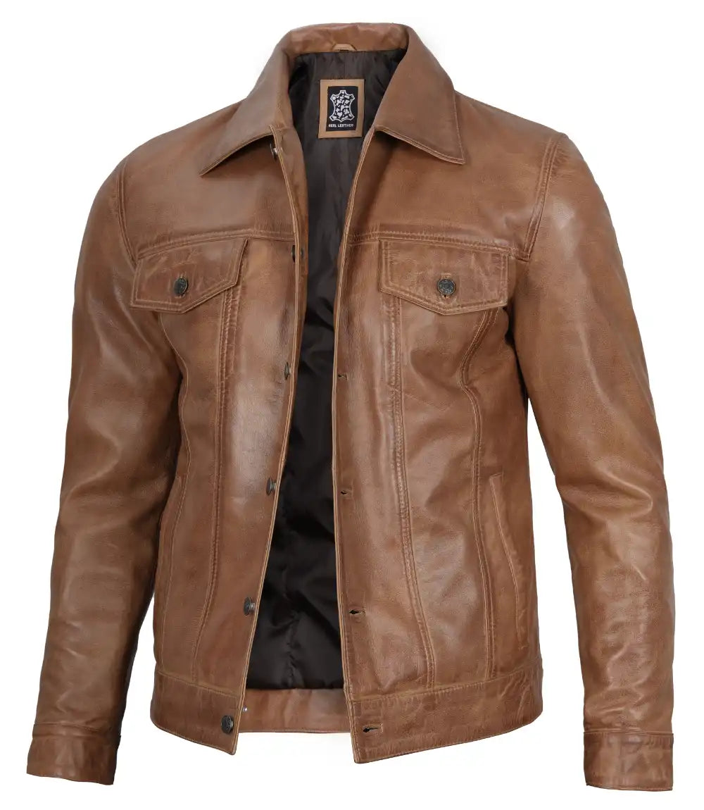 Mens Camel Button Closure Leather Jacket