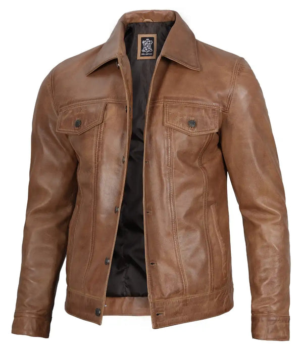 Mens Camel Button Closure Leather Jacket