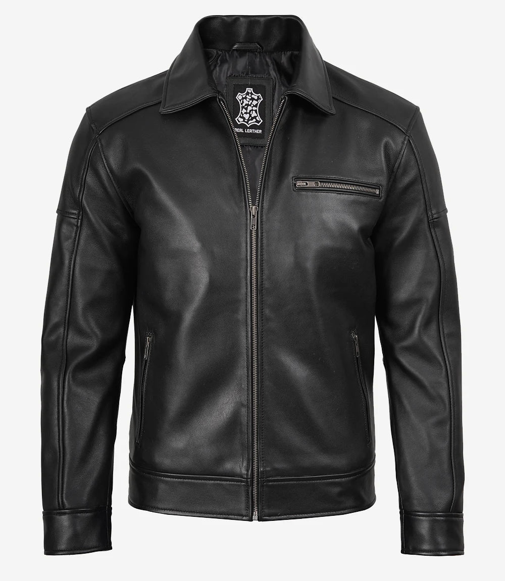 Mens Lambskin Black Leather Jacket Harrington