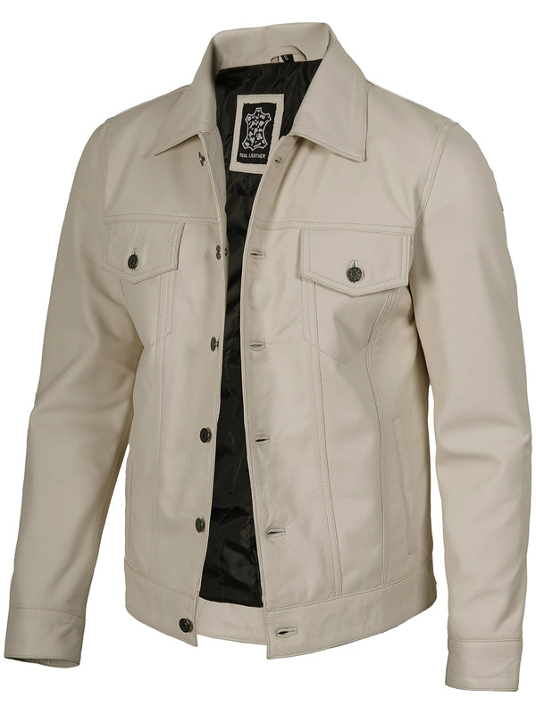  Mens Off White Leather Trucker Jacket