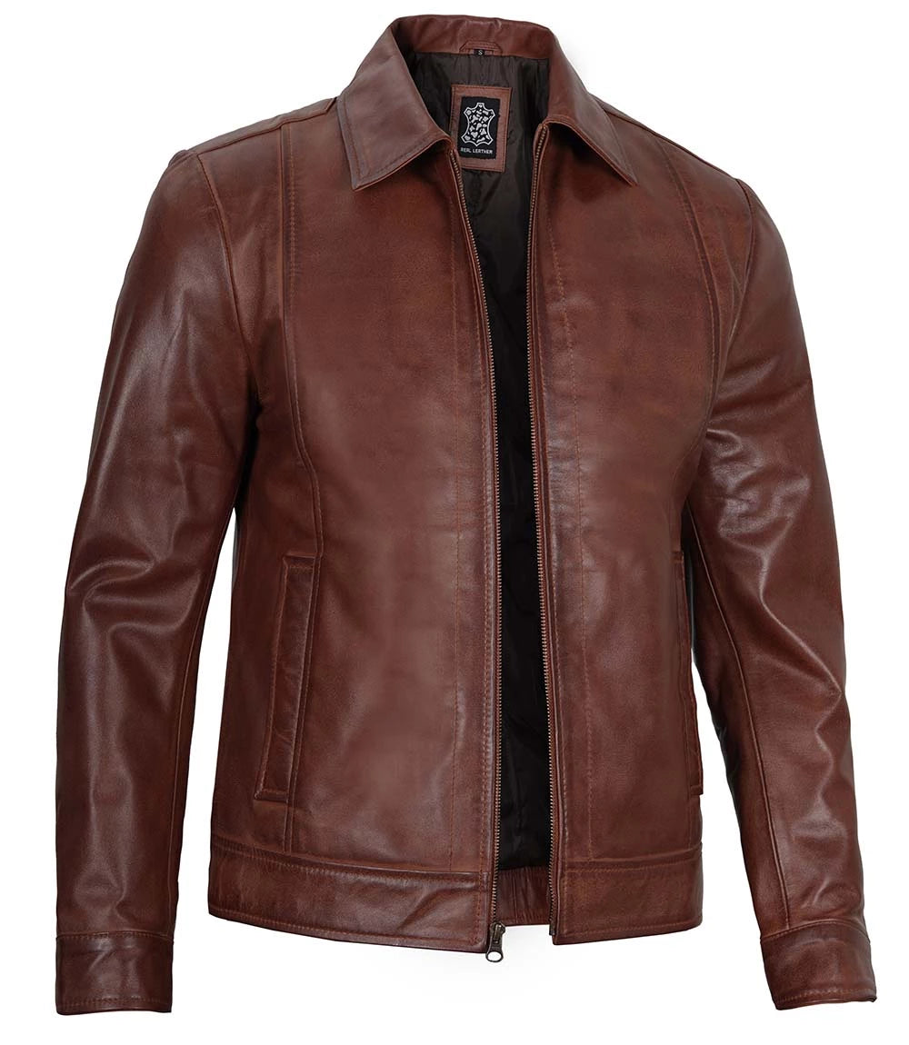 Mens Slim-Fit Leather Jacket tan