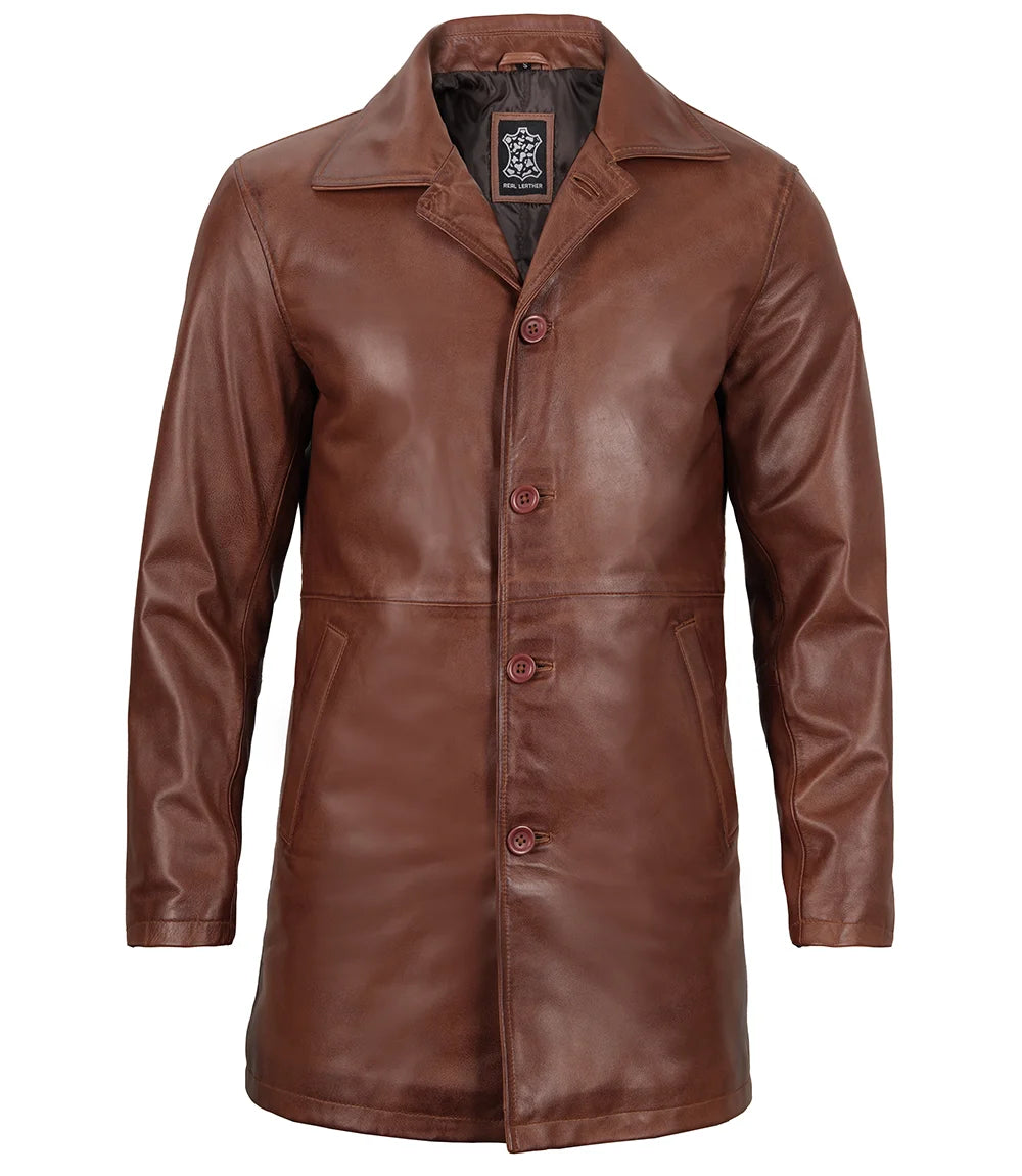 Mens brown distressed leather car coat