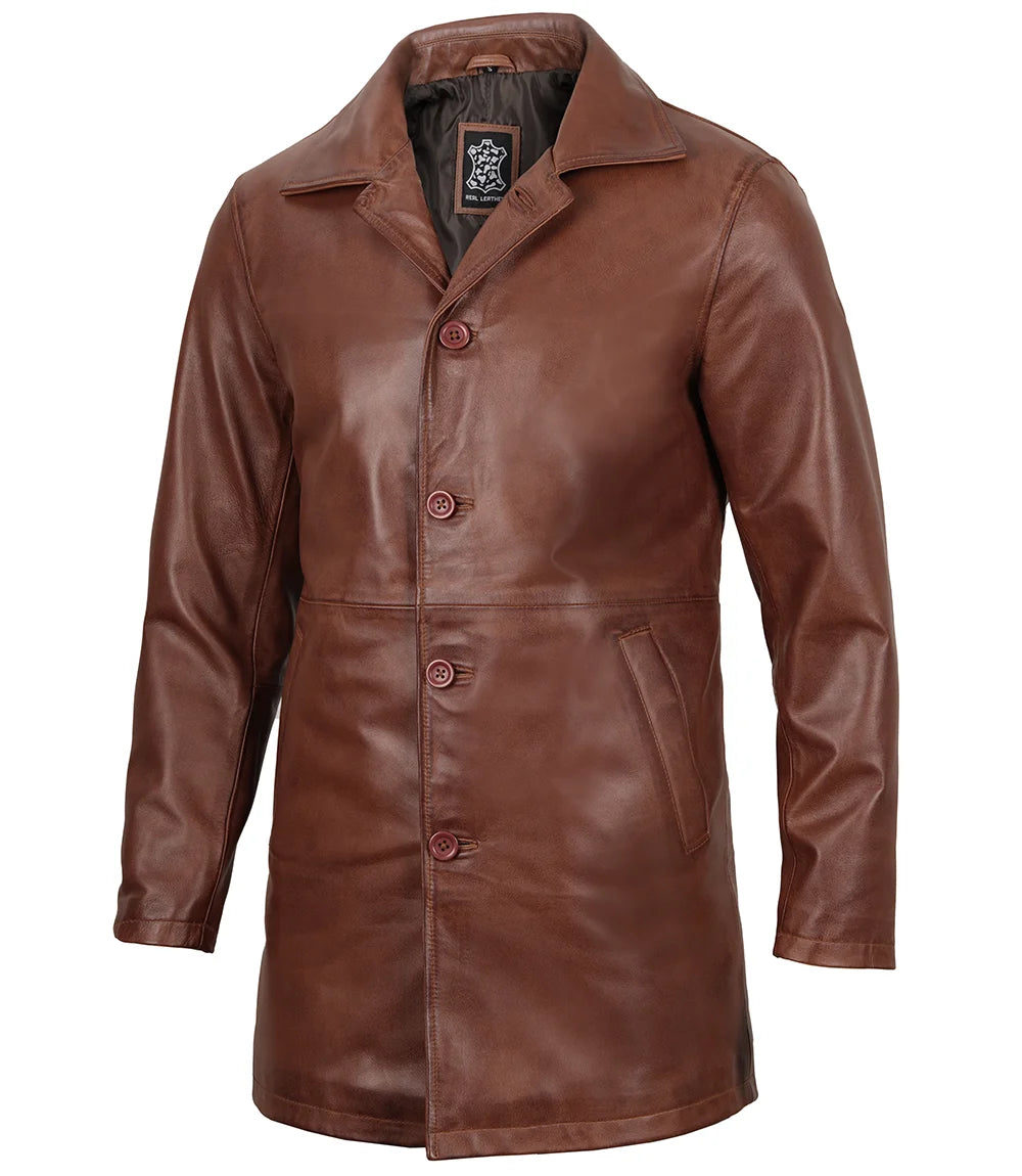 Mens brown distressed leather over coat