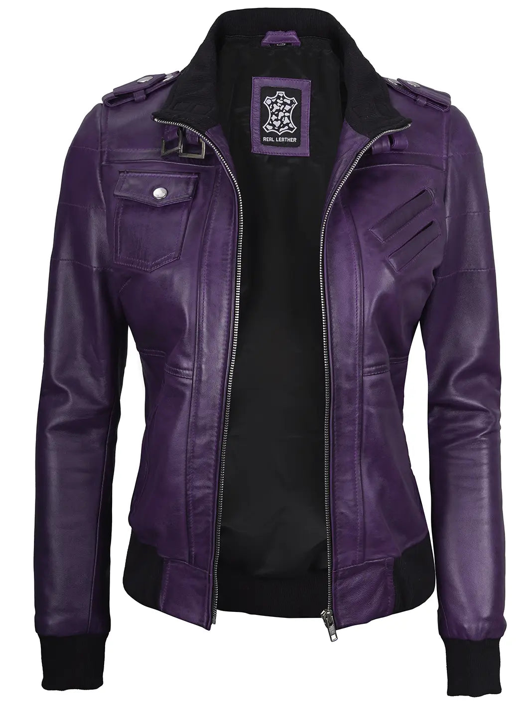 Purple hooded leather jacket