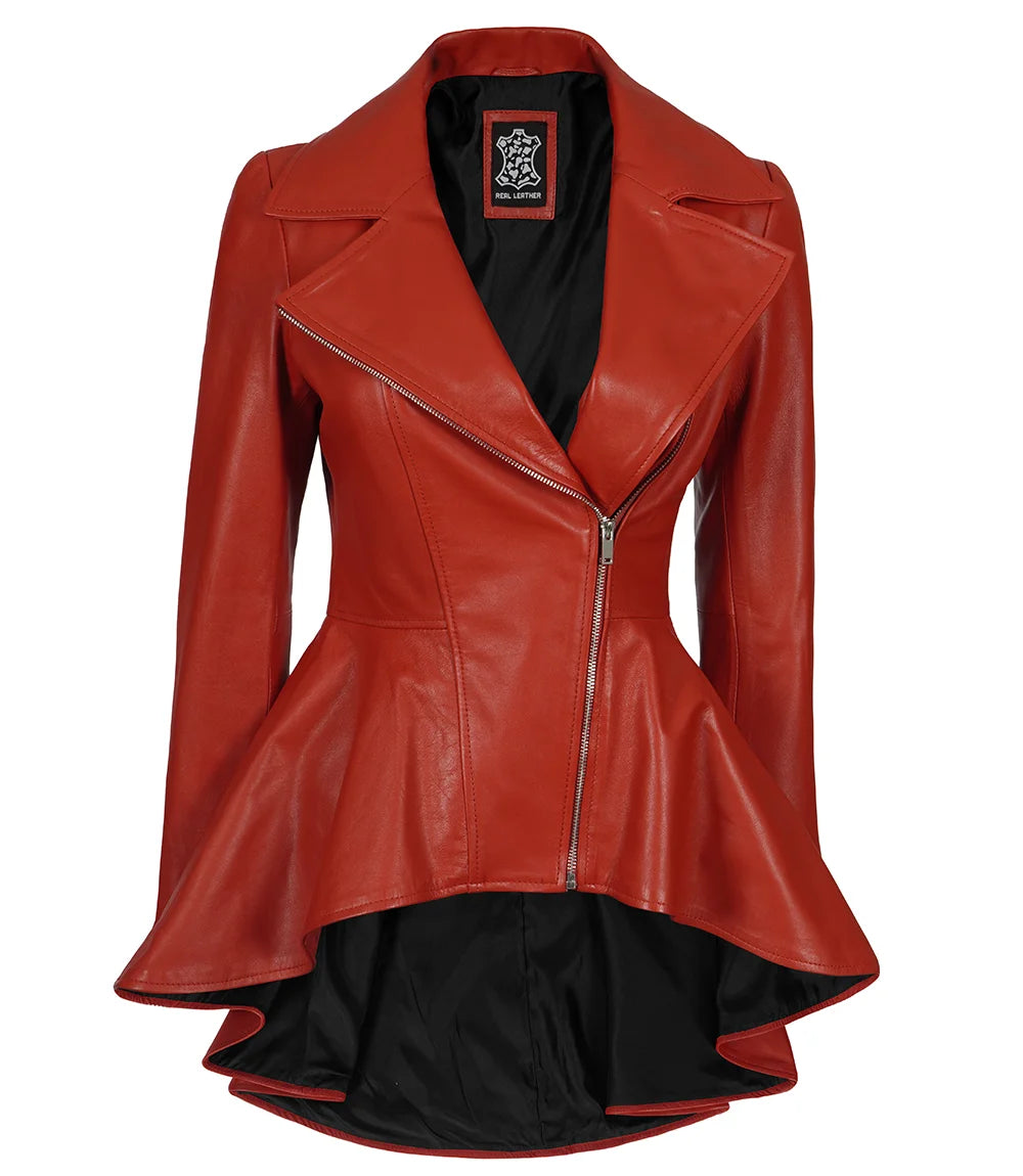 Red Asymmetrical Leather Jacket for Women