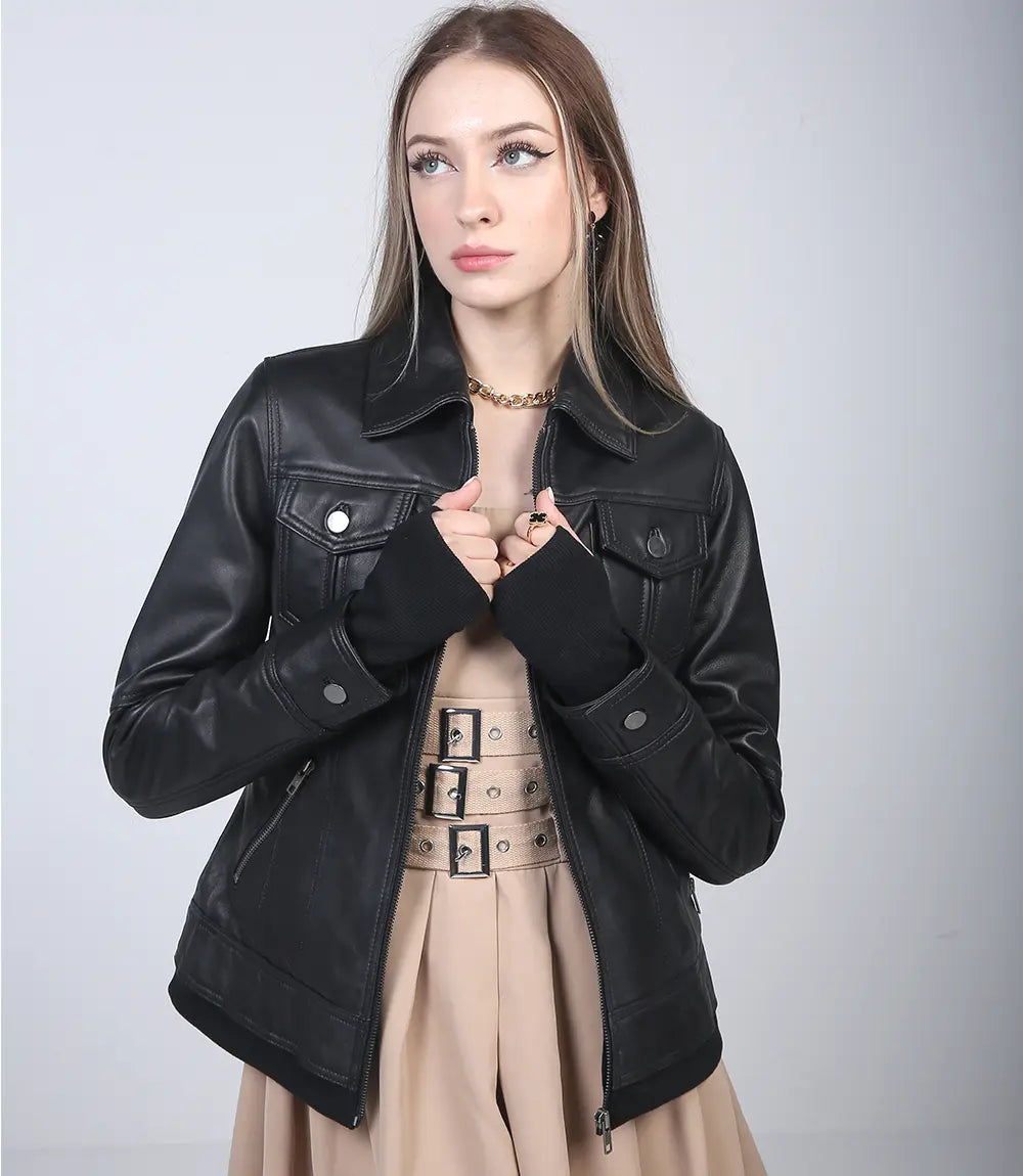 Stylish black leather jacket with hood for bikers