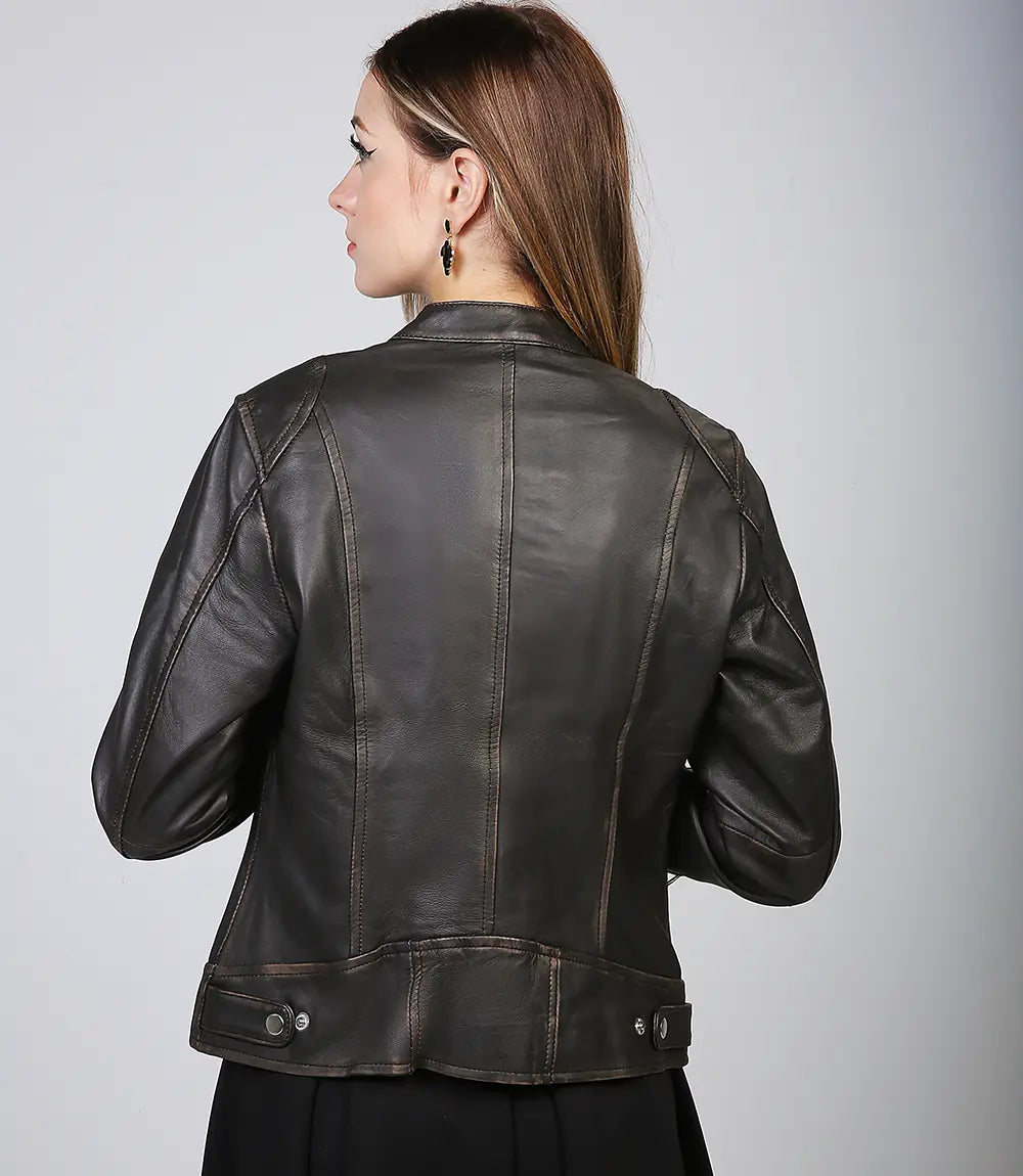 Stylish brown rub off biker jacket for women
