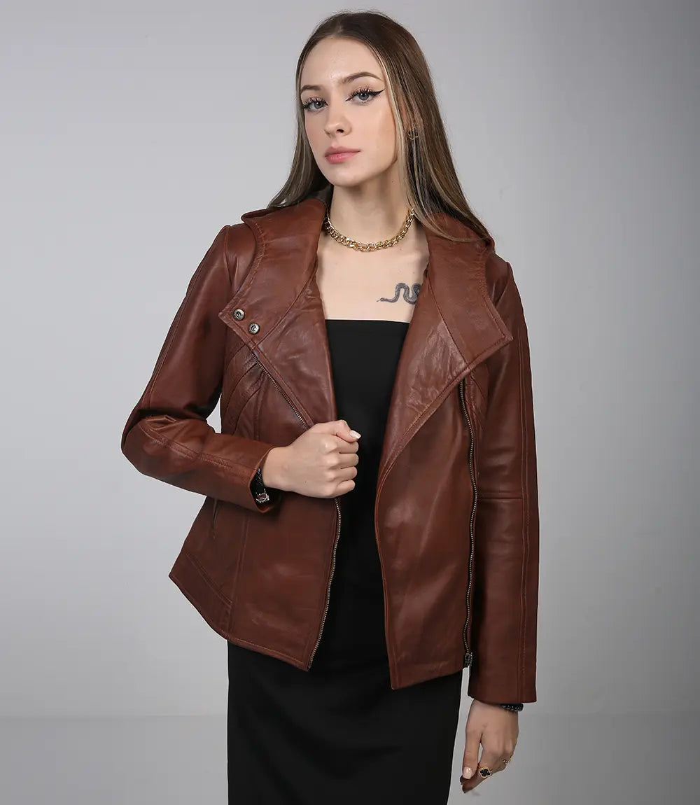 Stylish hooded brown leather jacket for women