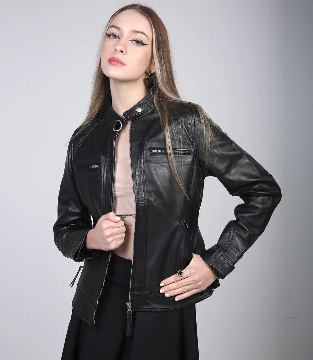 Stylish women's black cafe racer motorcycle jacket