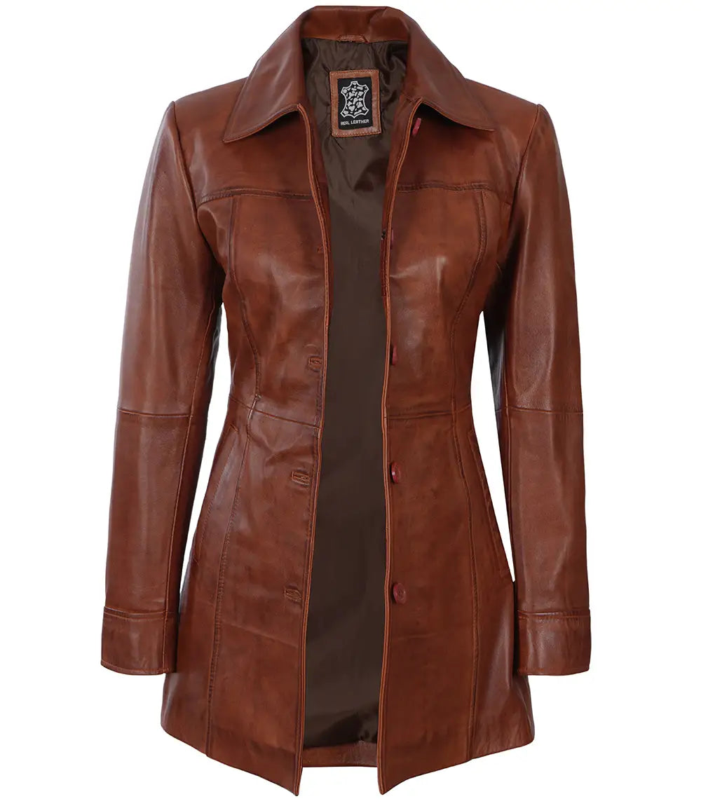Tall Kandis Women's Cognac Leather Car Coat

