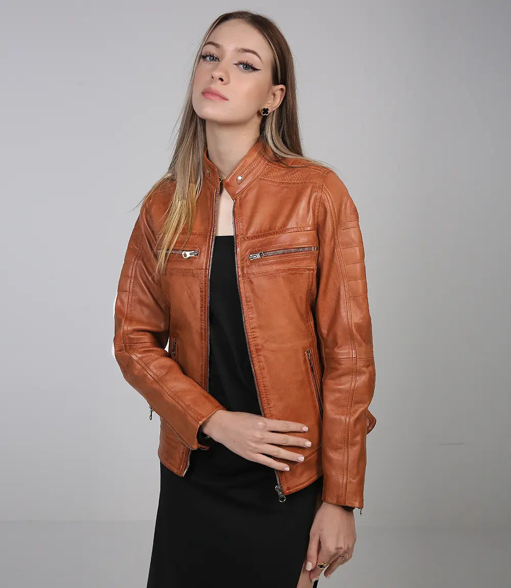 Tan biker jacket for women in premium leather