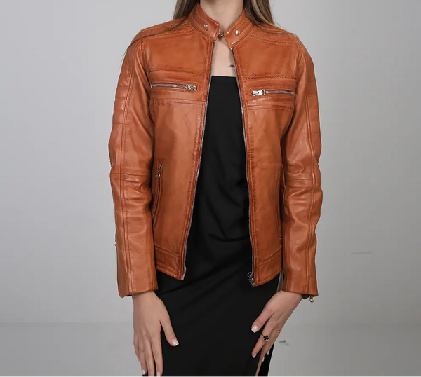 Tan leather motorcycle jacket for women