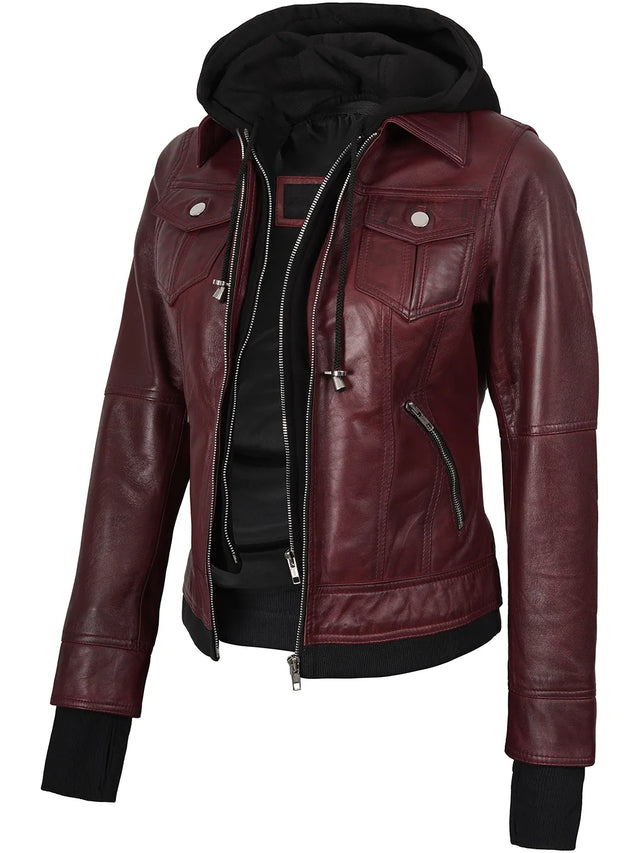 Women's burgundy hooded leather bomber jacket