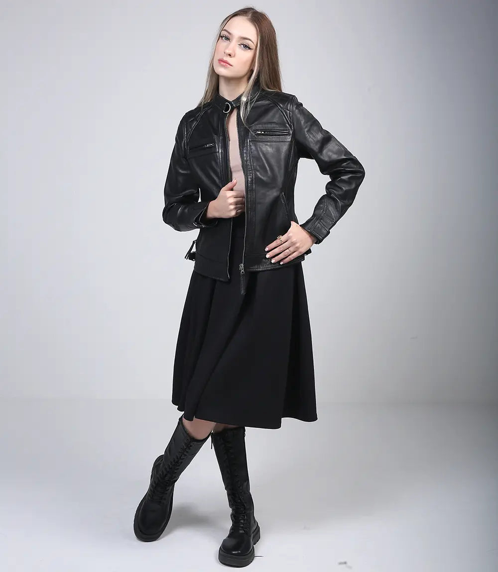 Trendy black cafe racer jacket for women in real leather