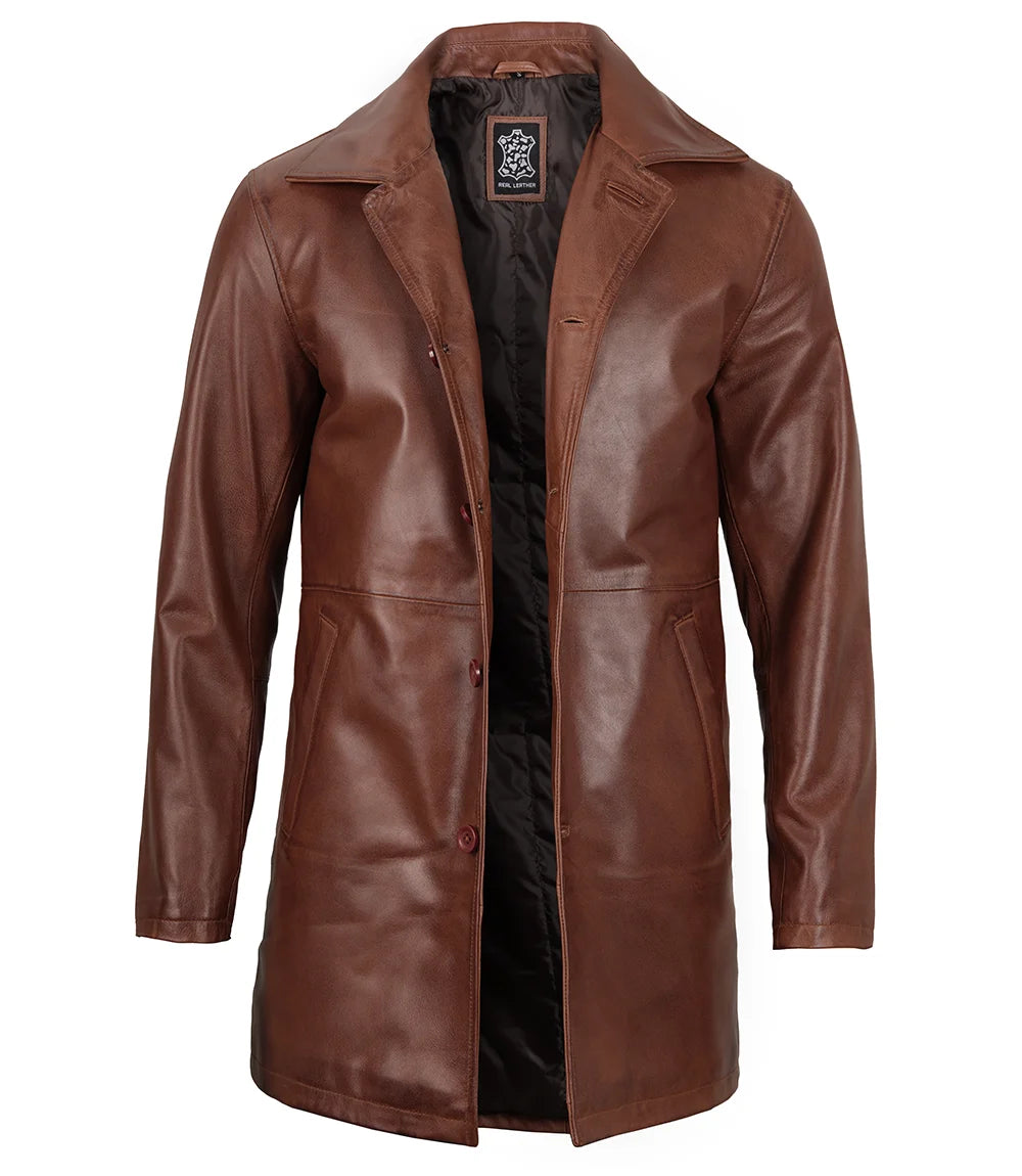 Vintage mens brown leather coat with a distressed finish and mid-length