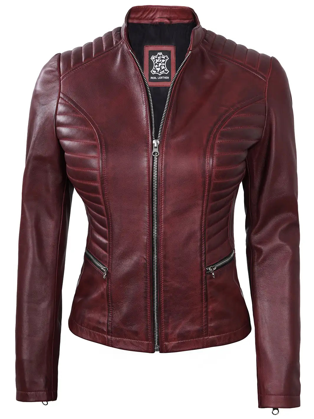 Womens Maroon Cafe Racer Leather Jacket