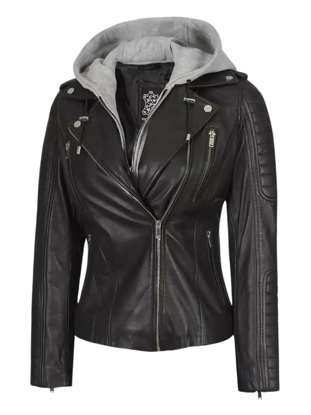 Women's Black Leather Biker Jacket With Removable Hood