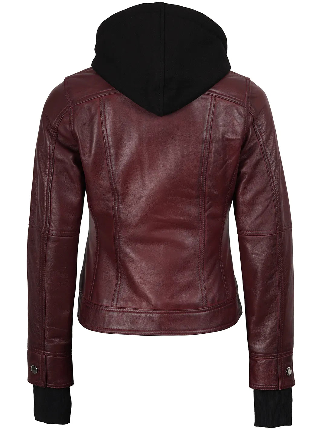Women's Burgundy Leather Jacket with Hood