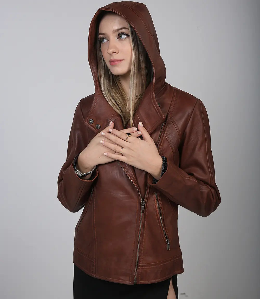 Women's brown hooded leather jacket with asymmetrical design