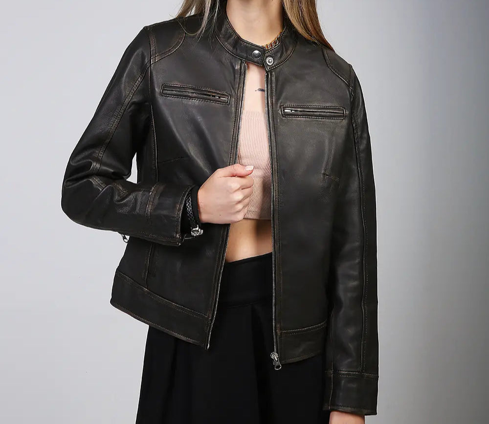 Women's brown rub off leather motorcycle jacket