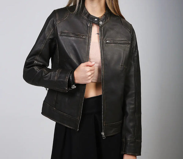 Women's brown rub off leather motorcycle jacket