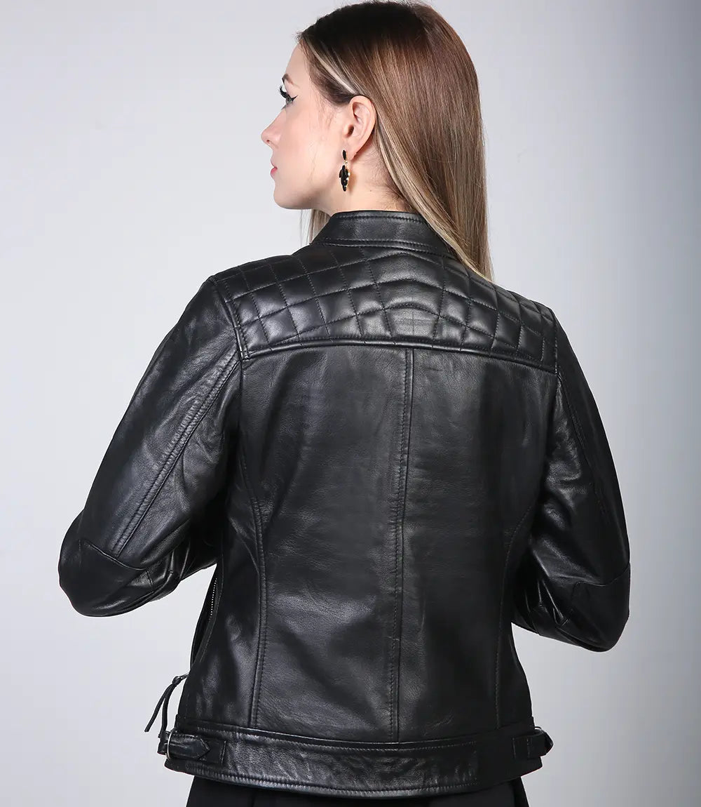 Women's classic black leather cafe racer jacket