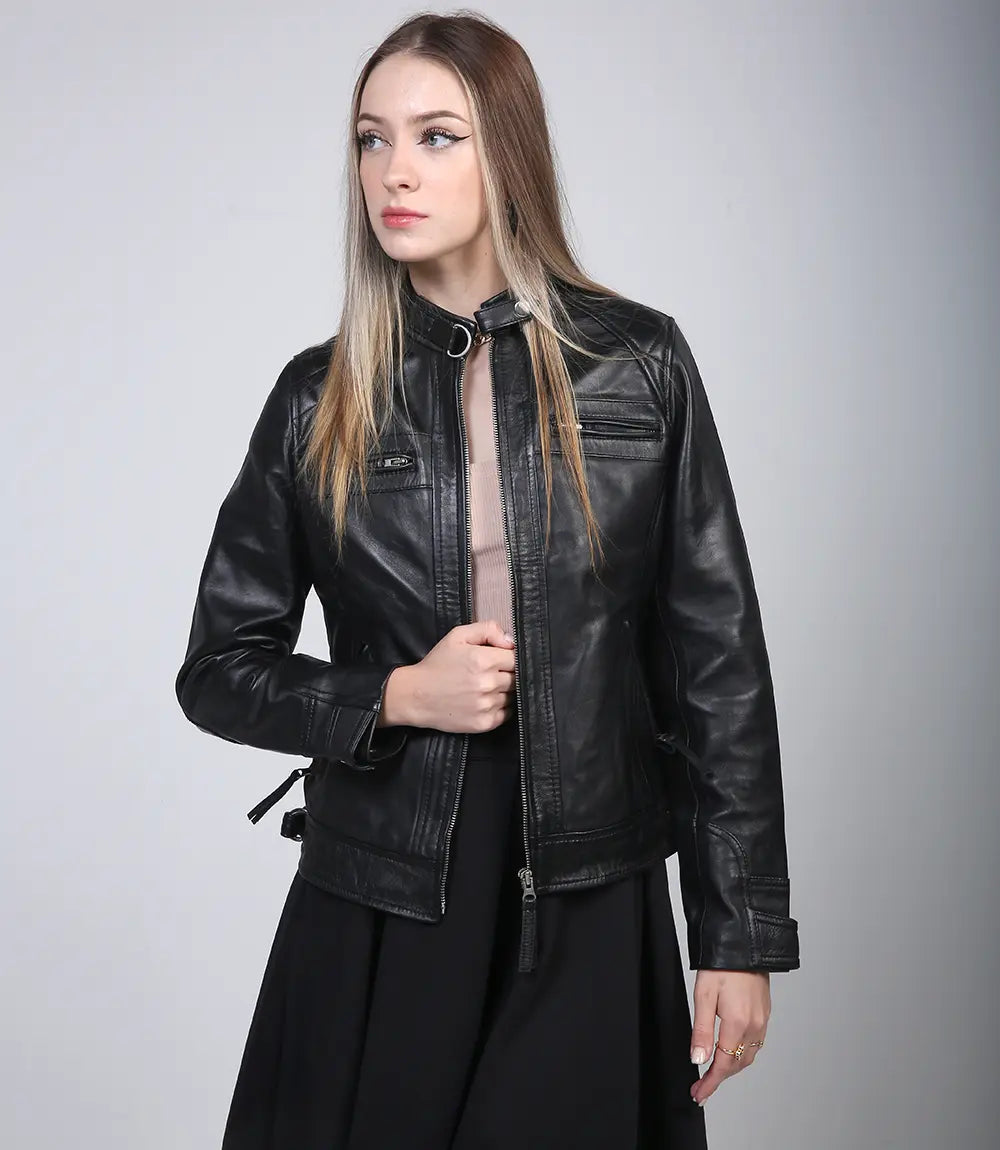 Women's genuine black cafe racer leather jacket