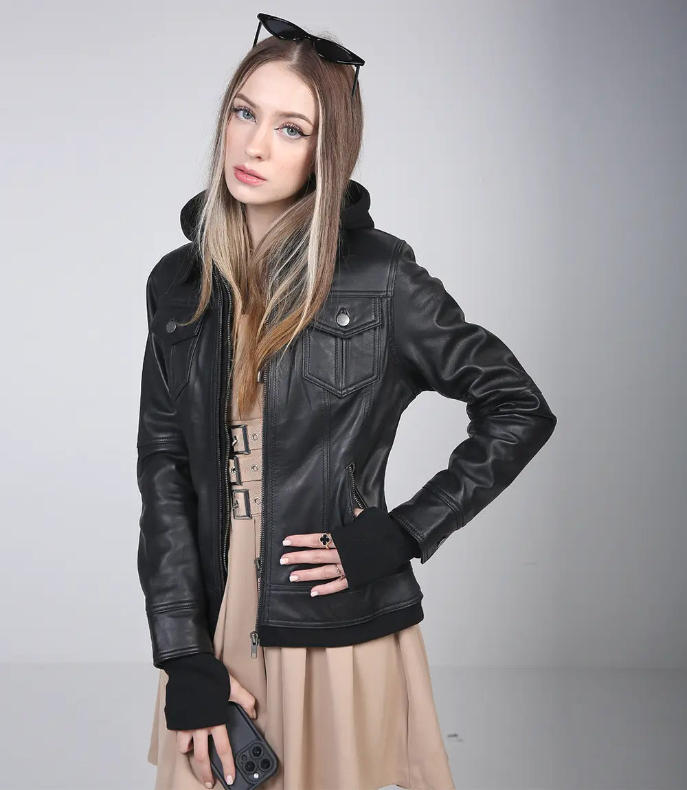 Women's leather jacket with hood for riding