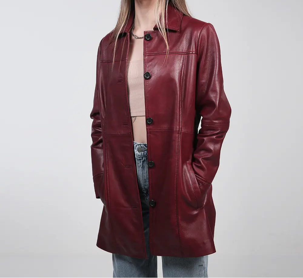 Women's maroon leather 3/4 length car coat