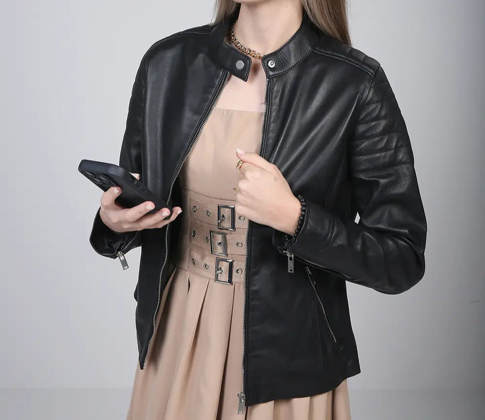 Women's sleek black cafe racer leather jackets