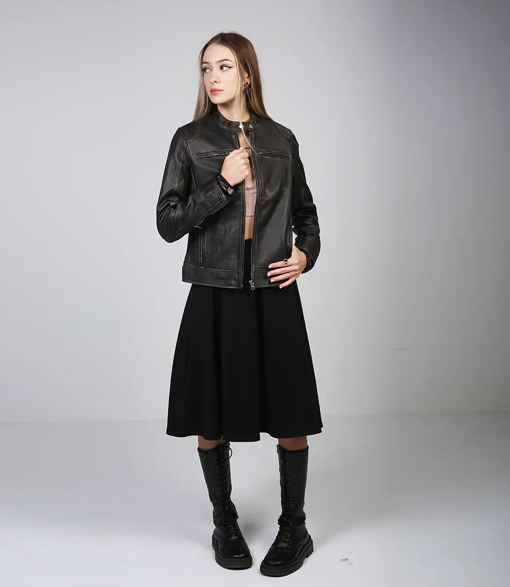 Women's sleek brown rub off motorcycle jacket