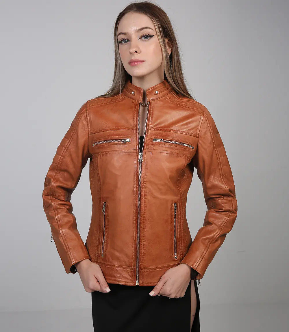 Women's sleek tan moto leather jacket