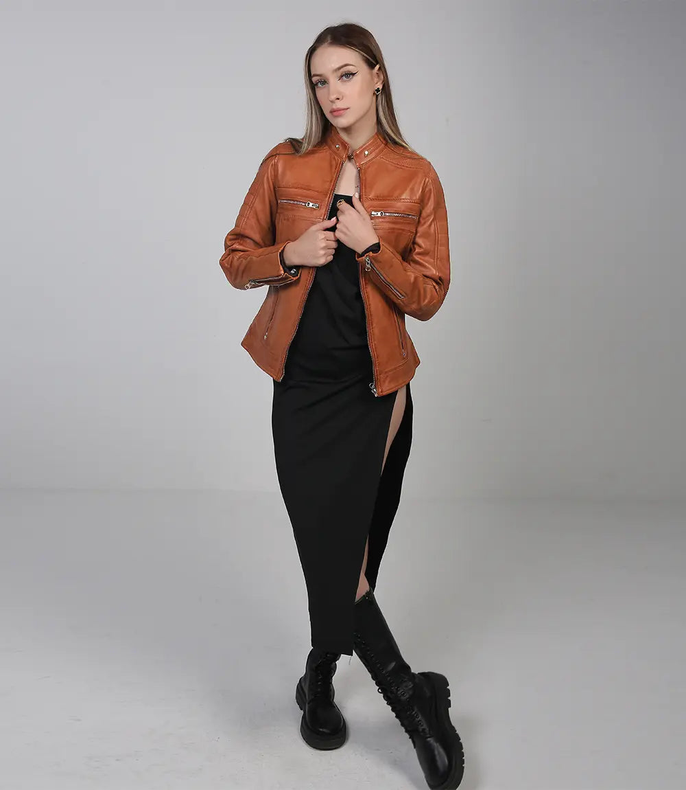 Women's tan leather riding jacket for motorcycles