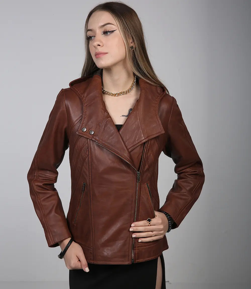 Women's trendy asymmetrical brown leather jacket with hood