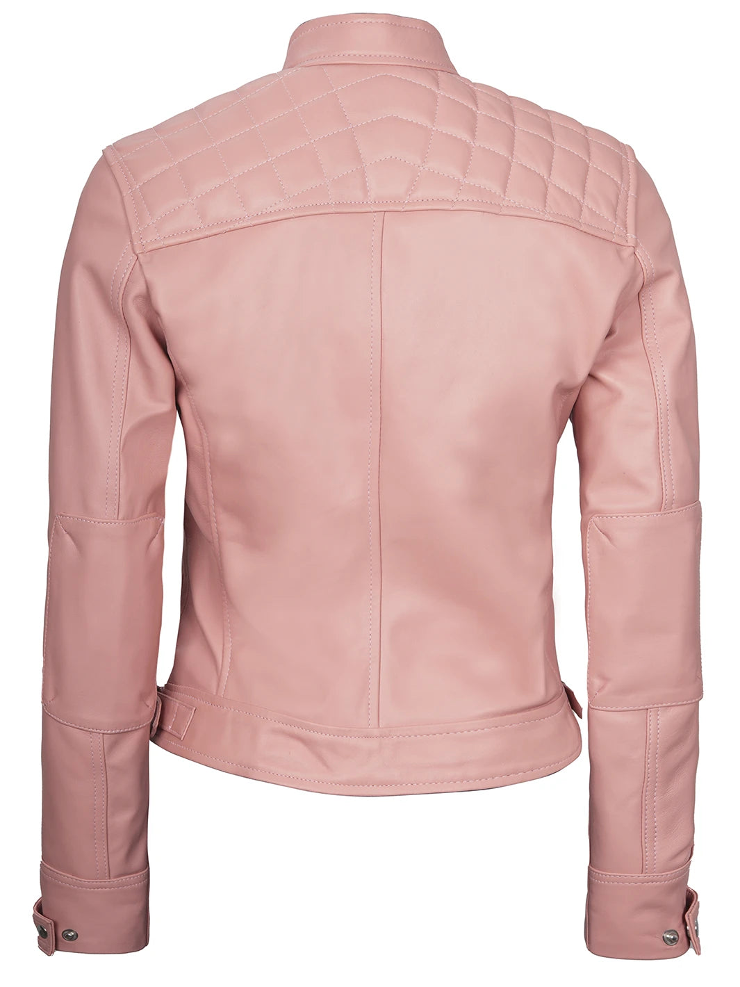 Women's pink quilted biker jacket, back view, emphasizing the premium craftsmanship and unique quilted pattern.