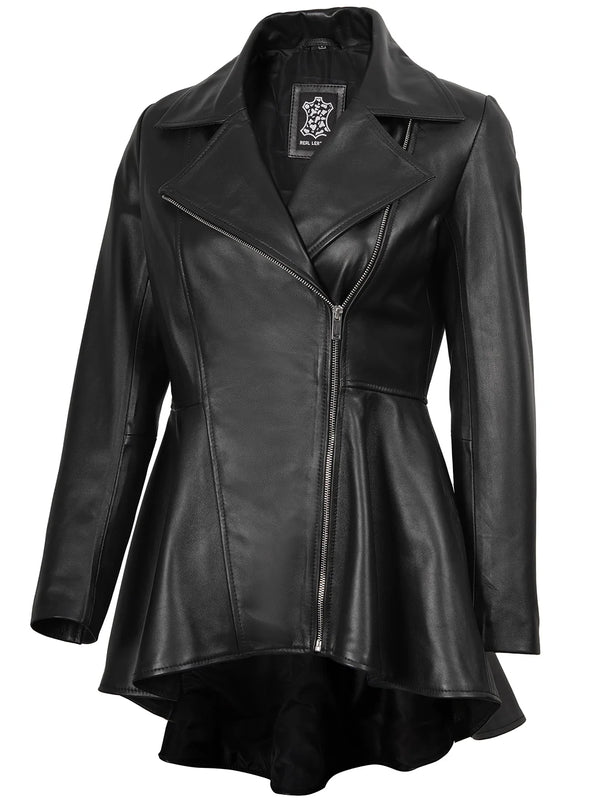 Womens Black Asymmetrical Peplum Leather Jacket