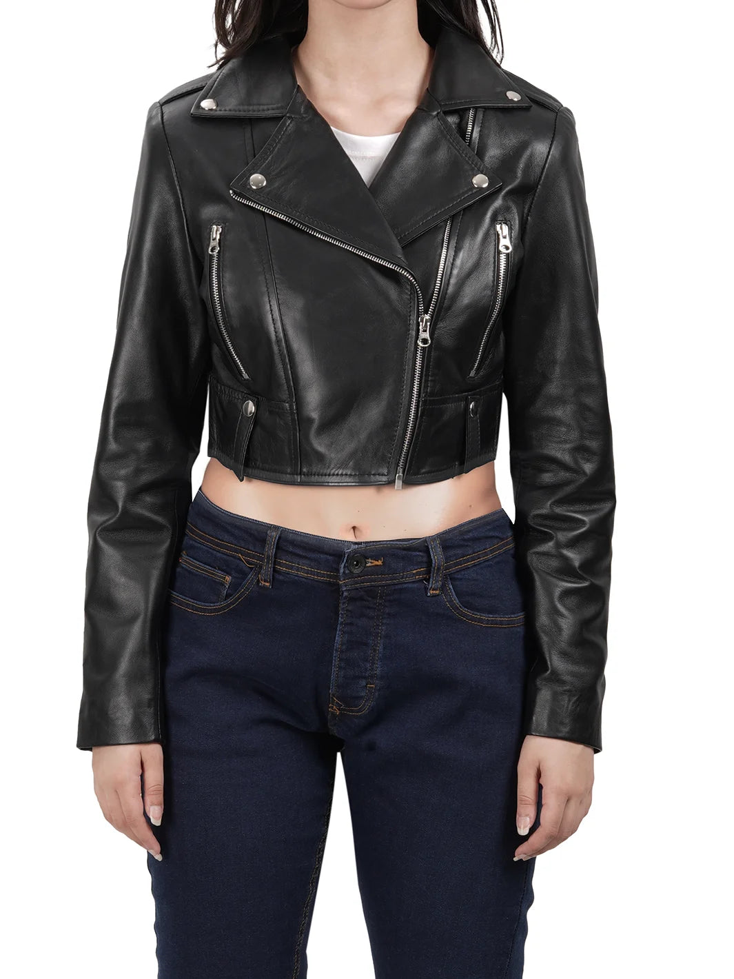 Womens Black Biker Cropped Leather Jacket