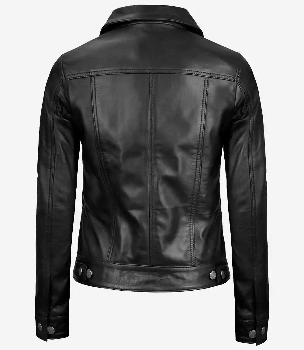 Womens Black Real Leather Trucker Jacket