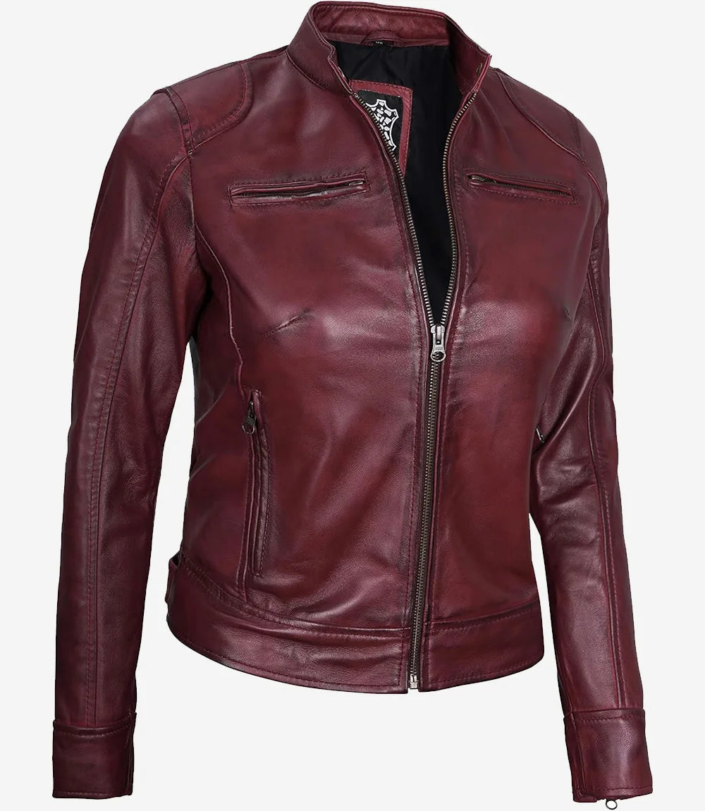 Womens Burgundy Biker Real Leather Jacket